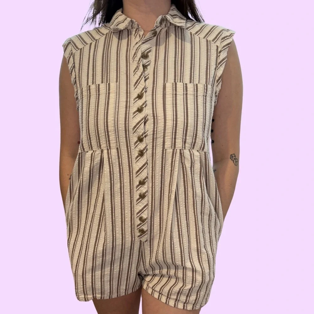 Urban Outfitters Sleeveless Striped Romper in Cream and Brown